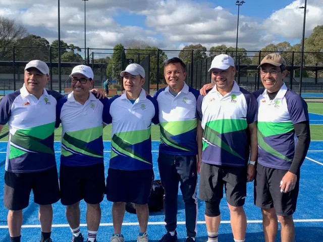 Six men in club match kit before a pennant fixture