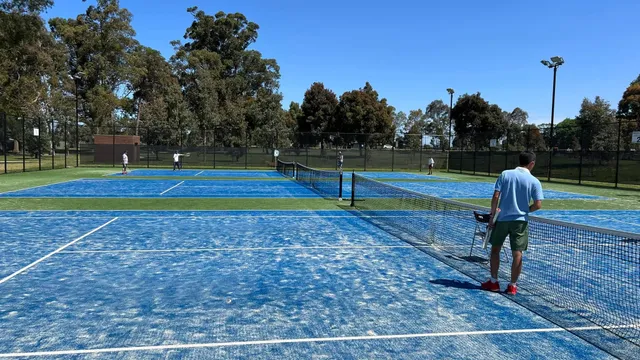A match in progress on the mod-grass courts, gum trees behind the fence